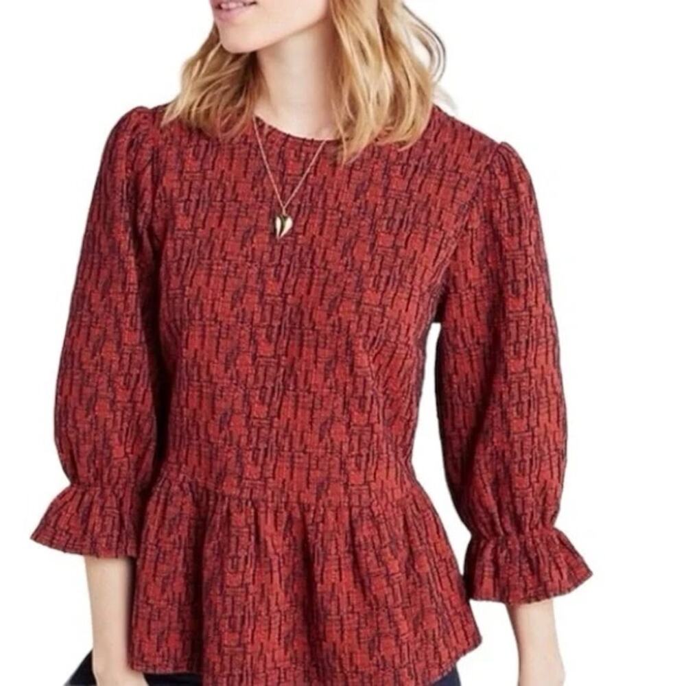 Anthropologie RO&DE Perette Peplum Rust Red Textured Top Size Small